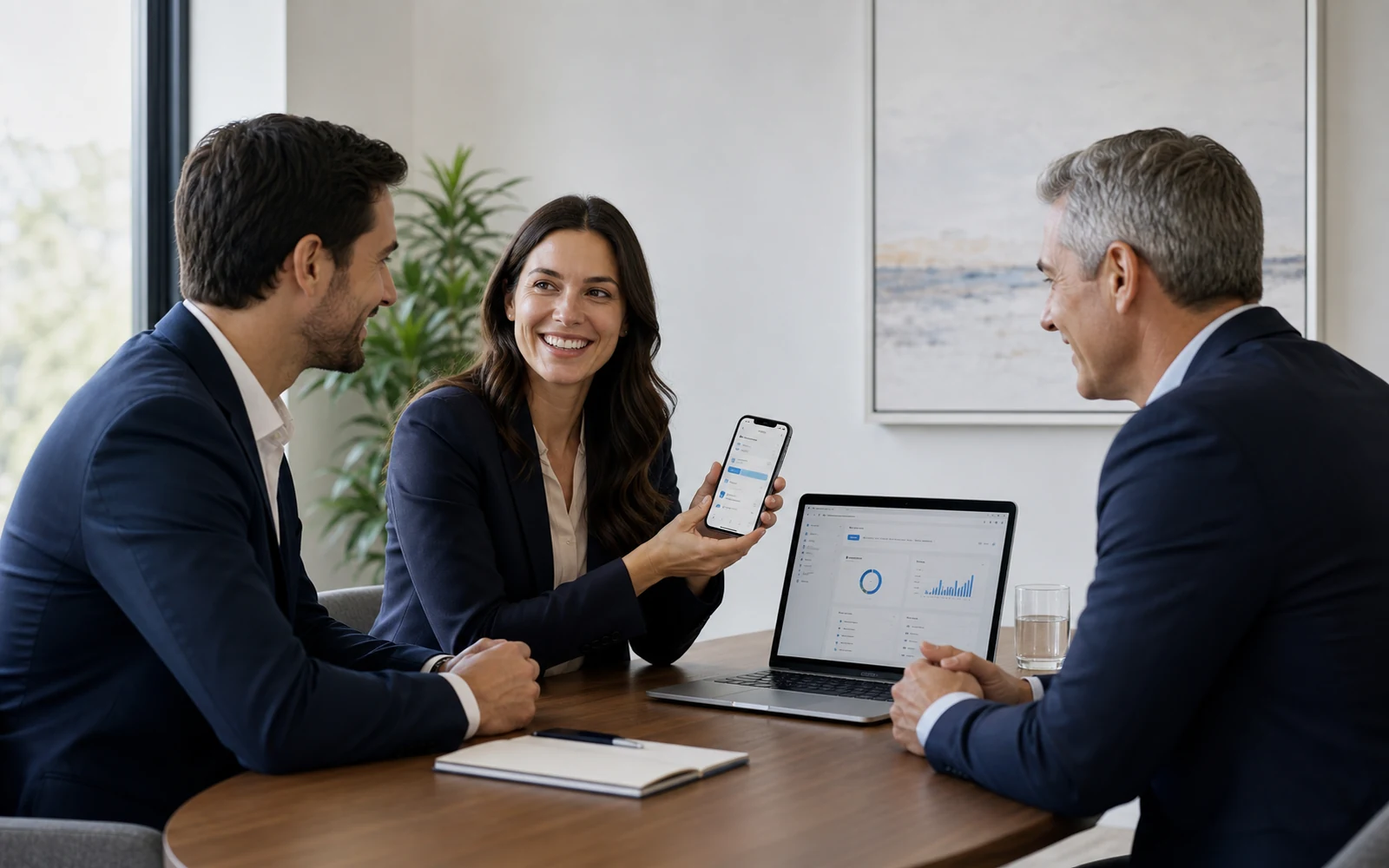 Three suited professionals reviewing a smartphone and laptop in a boardroom.