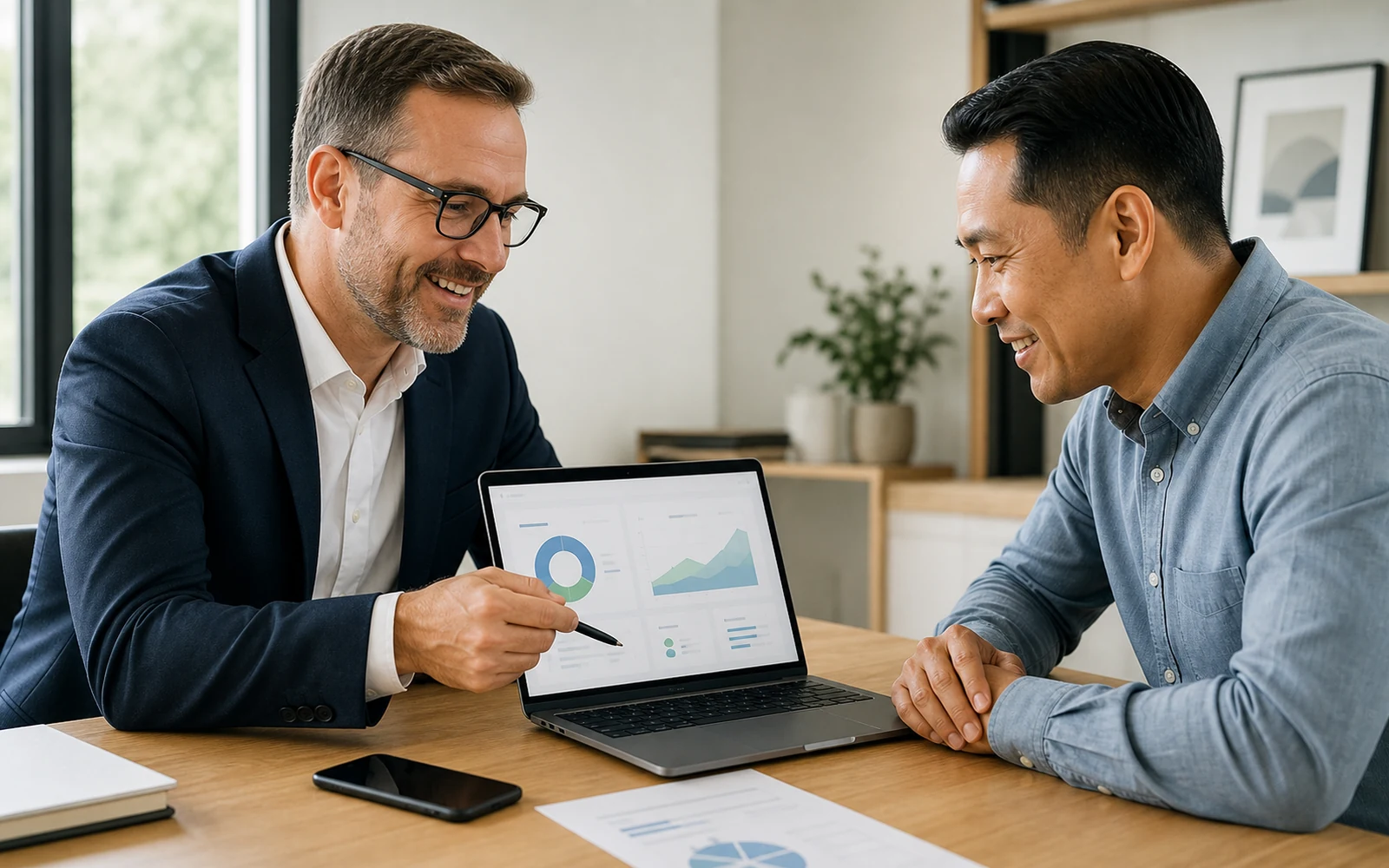 Advisor and client reviewing a laptop dashboard at a desk.