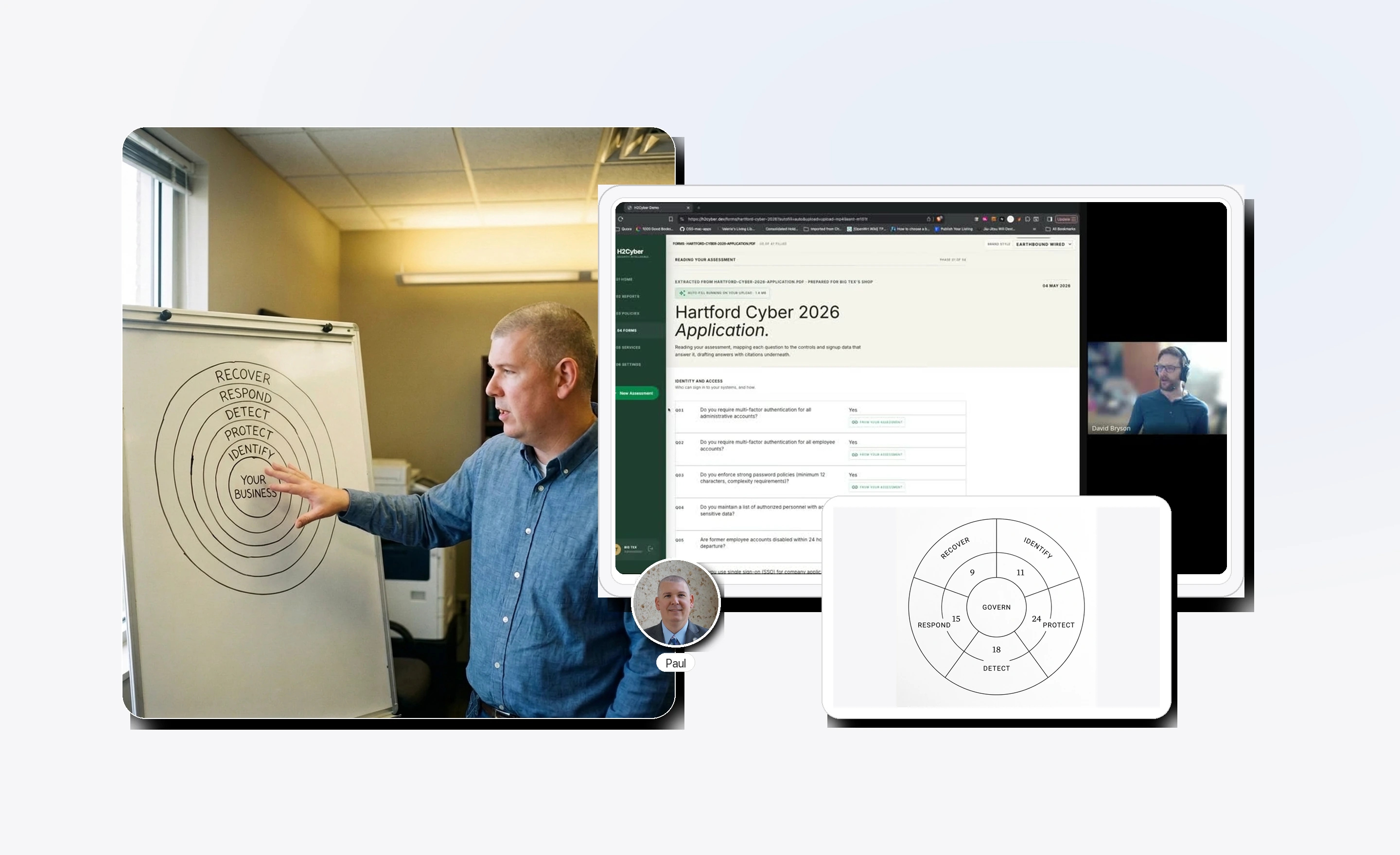 Paul Horn explaining how an assessment answer becomes structured evidence beside a client form and NIST mapping.
