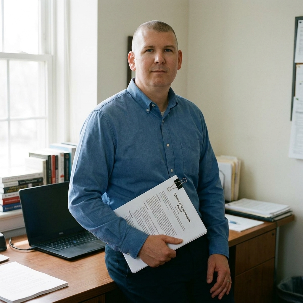 Paul Horn standing in his office, holding a printed cybersecurity assessment report bound at the corner with a black binder clip, looking directly at the camera. A laptop and books are visible on the desk behind him.