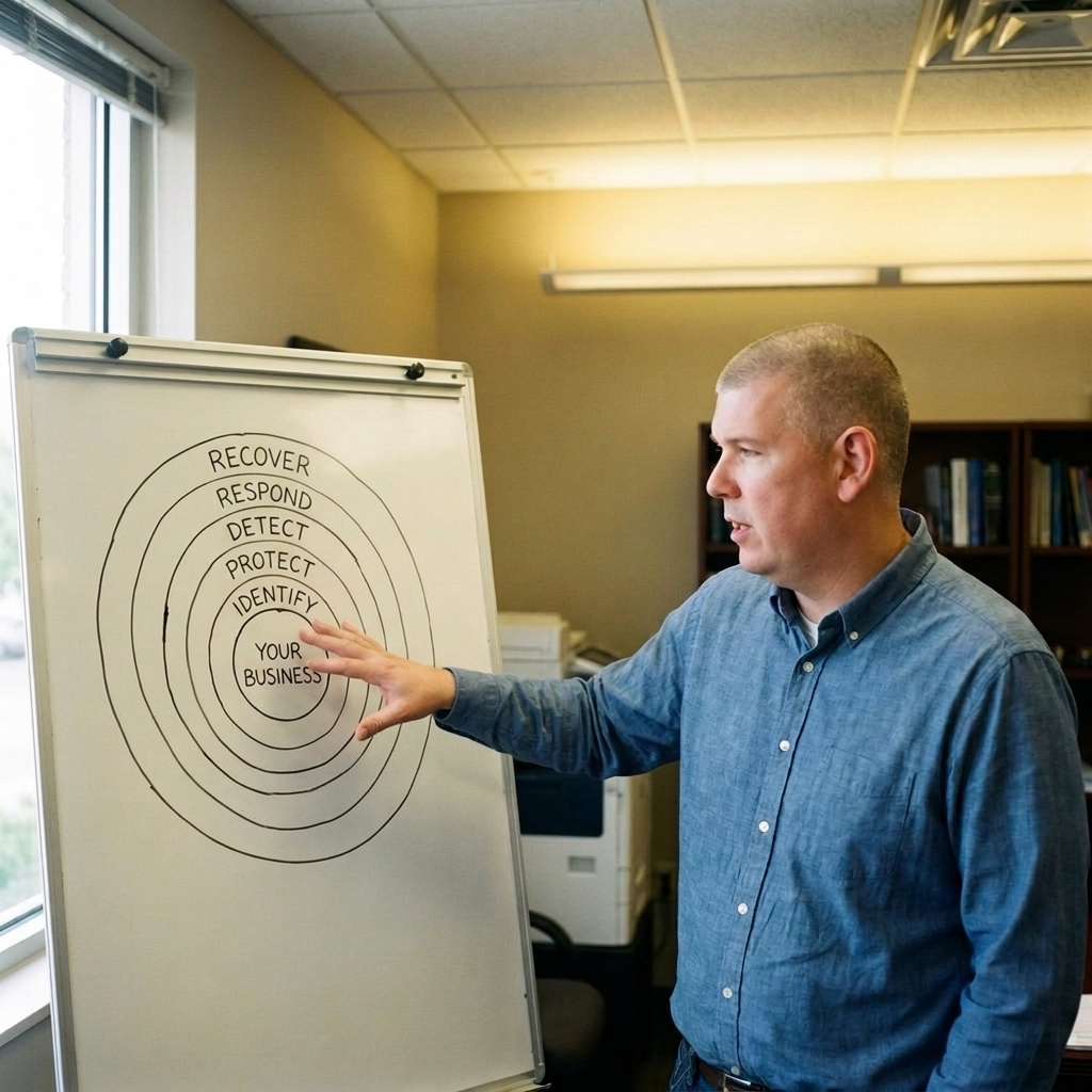 Paul Horn at a whiteboard, gesturing toward a hand-drawn five-ring diagram labeled (outermost to innermost) Recover, Respond, Detect, Protect, Identify, with 'your business' at the center.